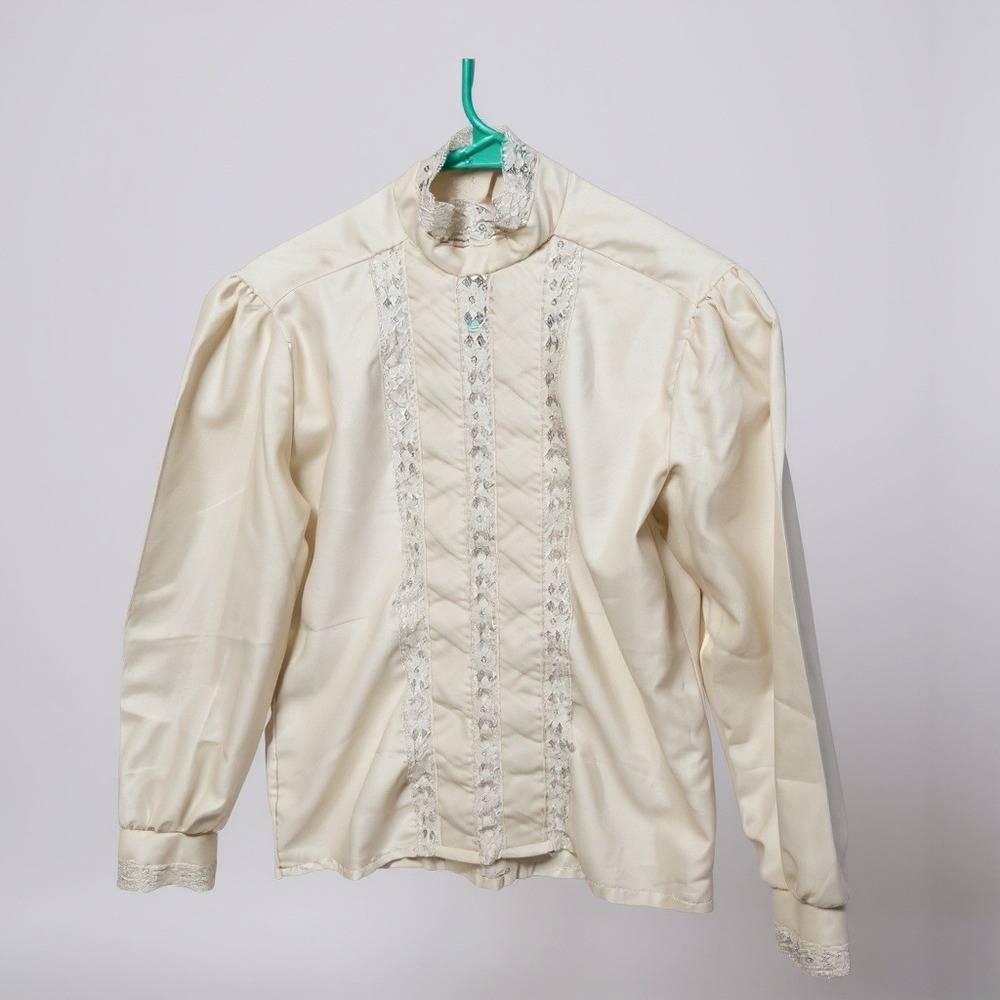 Rhapsody Womens Cream Lace Trim Mock Neck Puff Sleeve Blouse Top Made in USA
